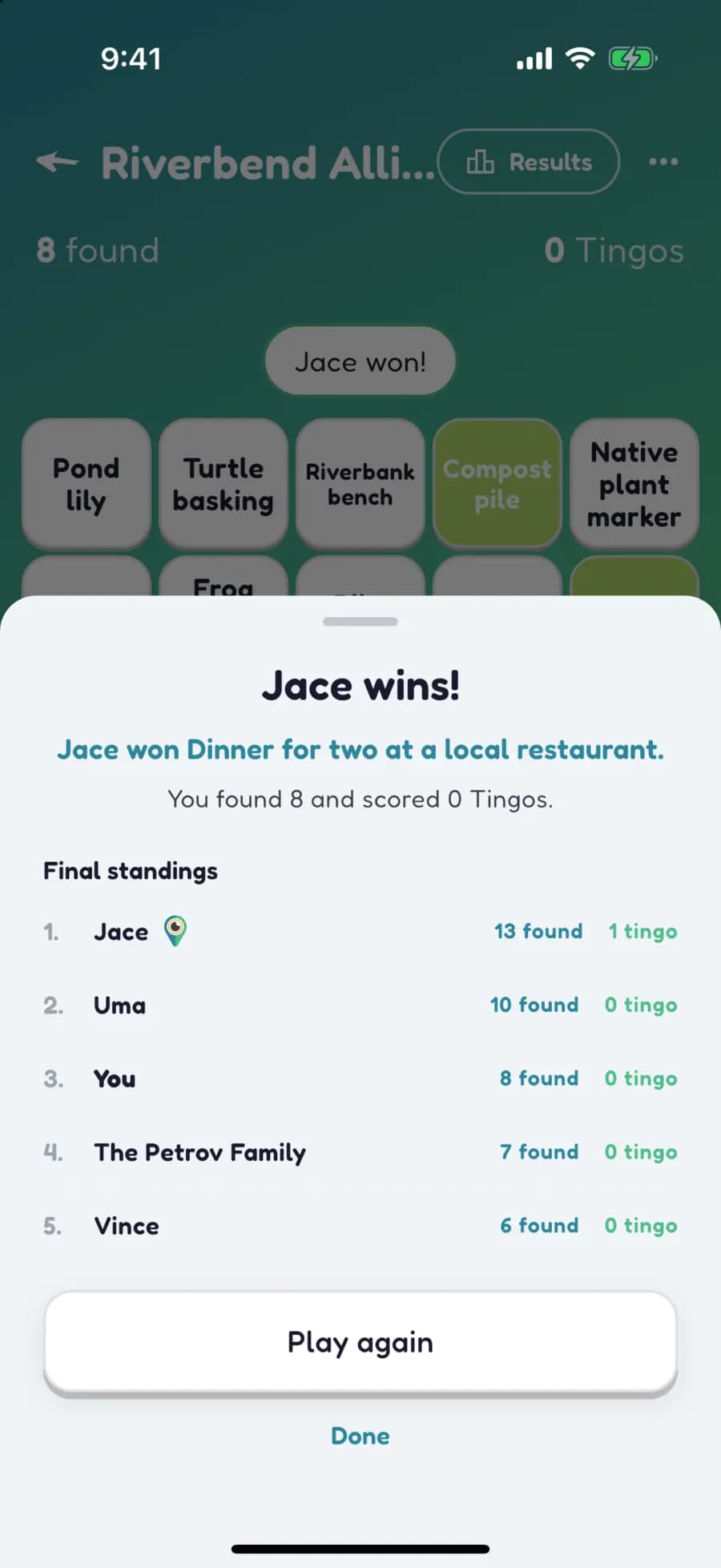 Let's Tingo's results screen announcing the winner of a fundraiser game and their prize.