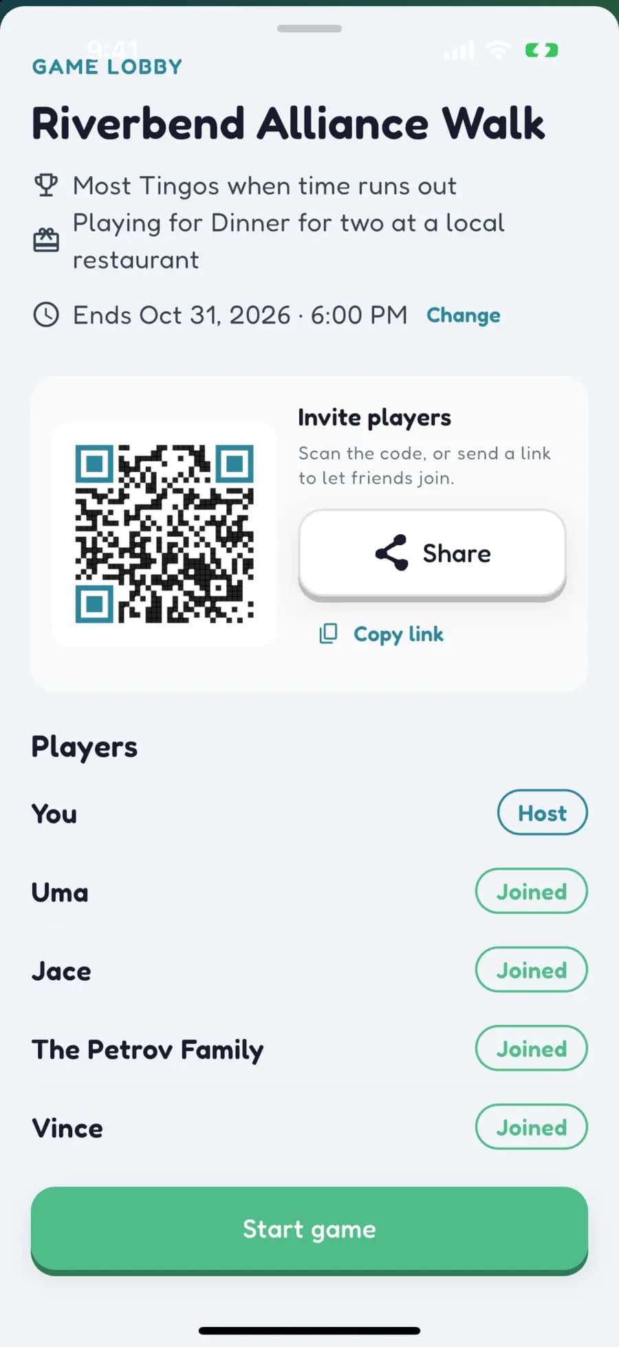 A fundraiser game lobby showing a QR code to join and the supporters who are in.