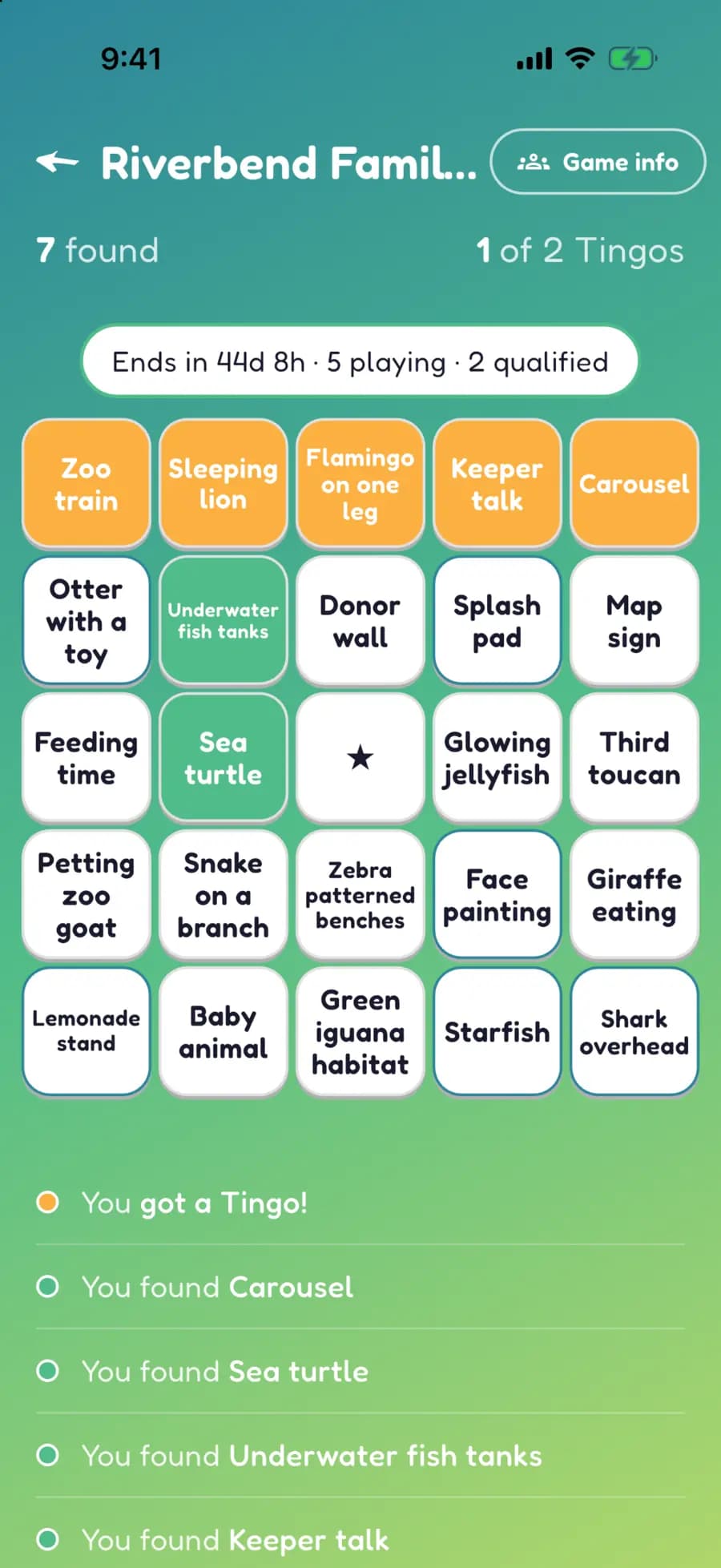 A Let's Tingo board for a zoo game, with finds marked and one row completed.