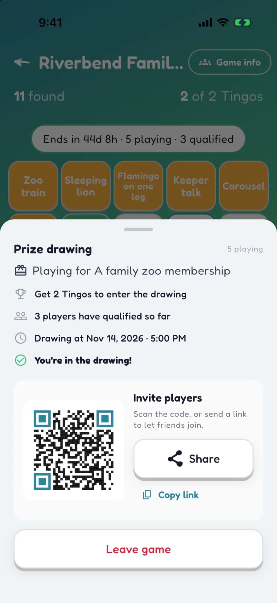 A sponsored Let's Tingo game showing how many visitors are playing and how many have qualified for the prize drawing.