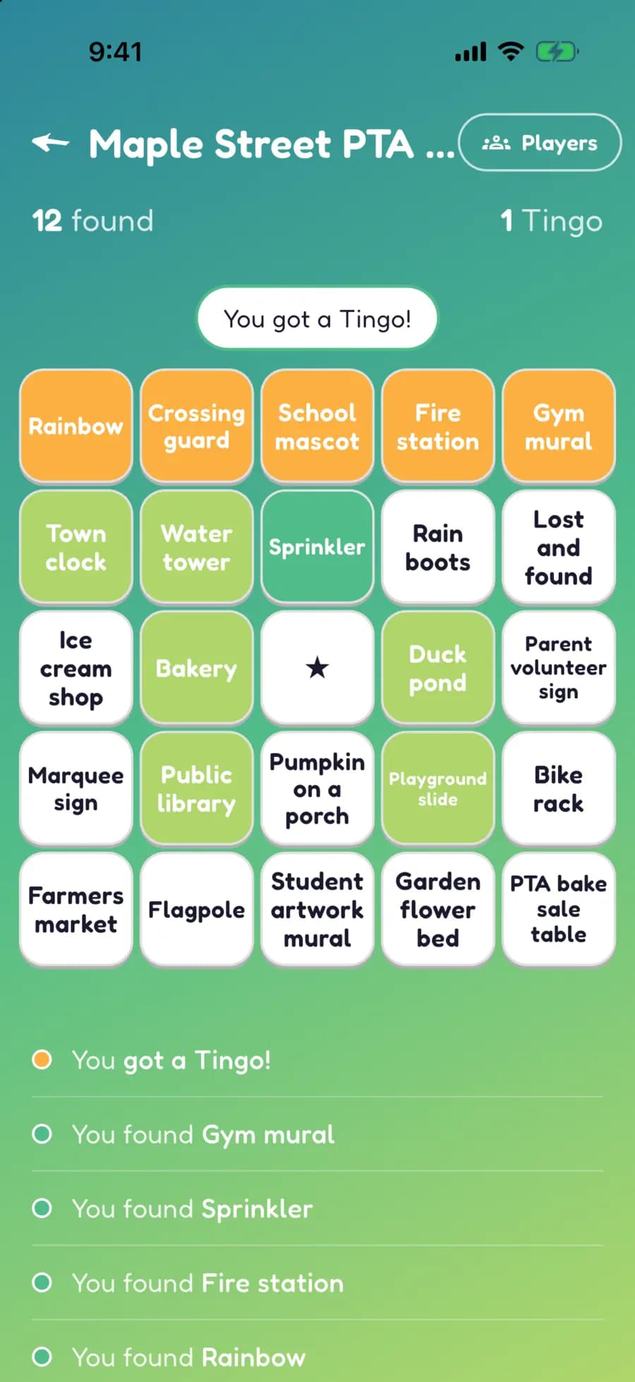 A Let's Tingo board on a phone with school fundraiser finds marked, one row highlighted as a completed Tingo.