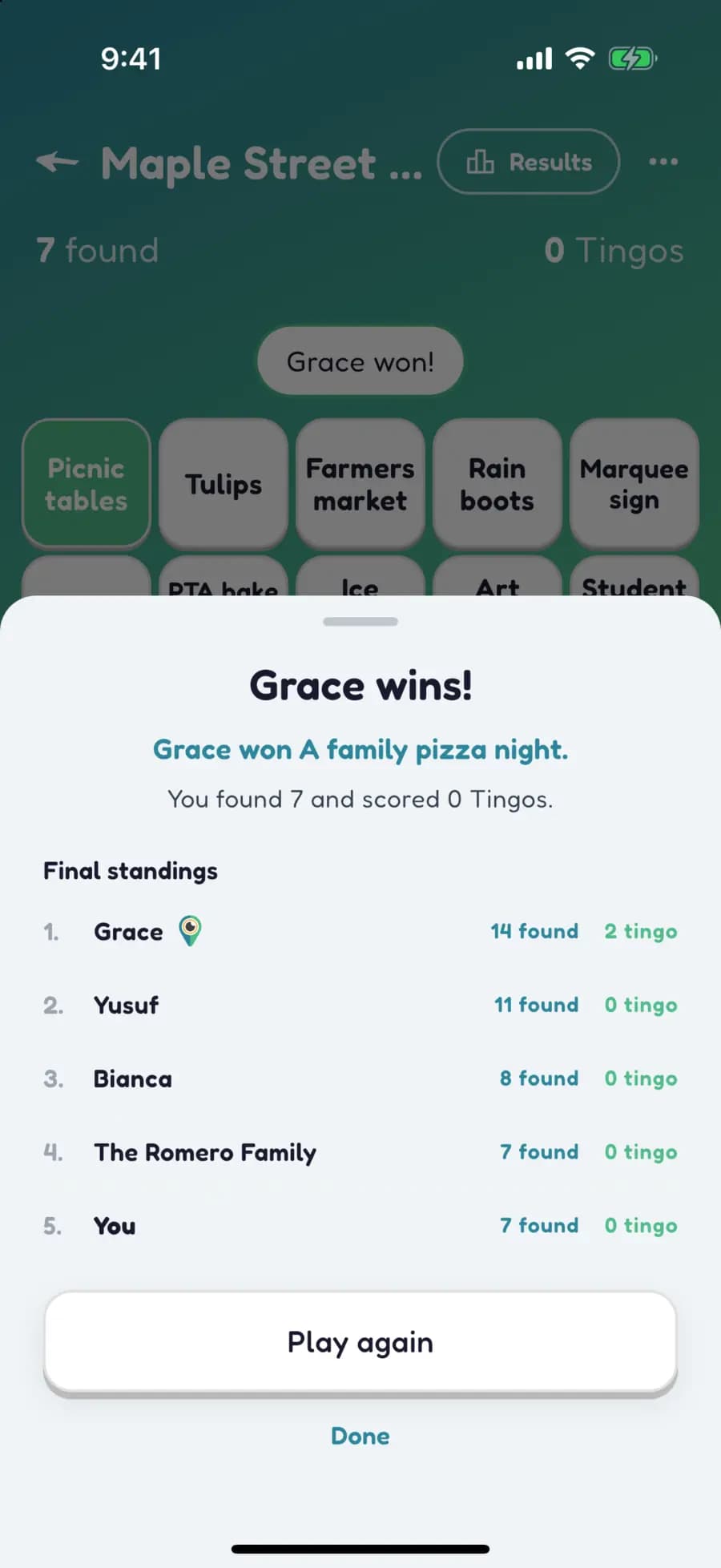 Let's Tingo's results screen announcing the winner of a school fundraiser game and their prize.