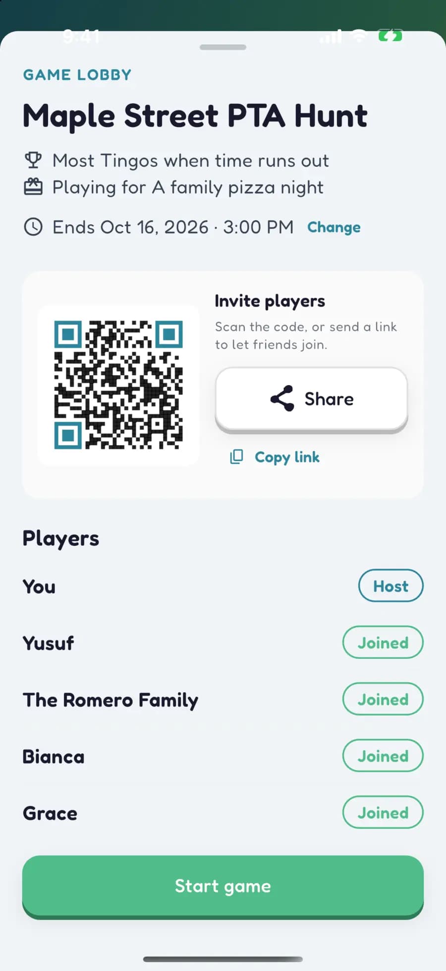 A school fundraiser game lobby showing a QR code to join and the families who are in.