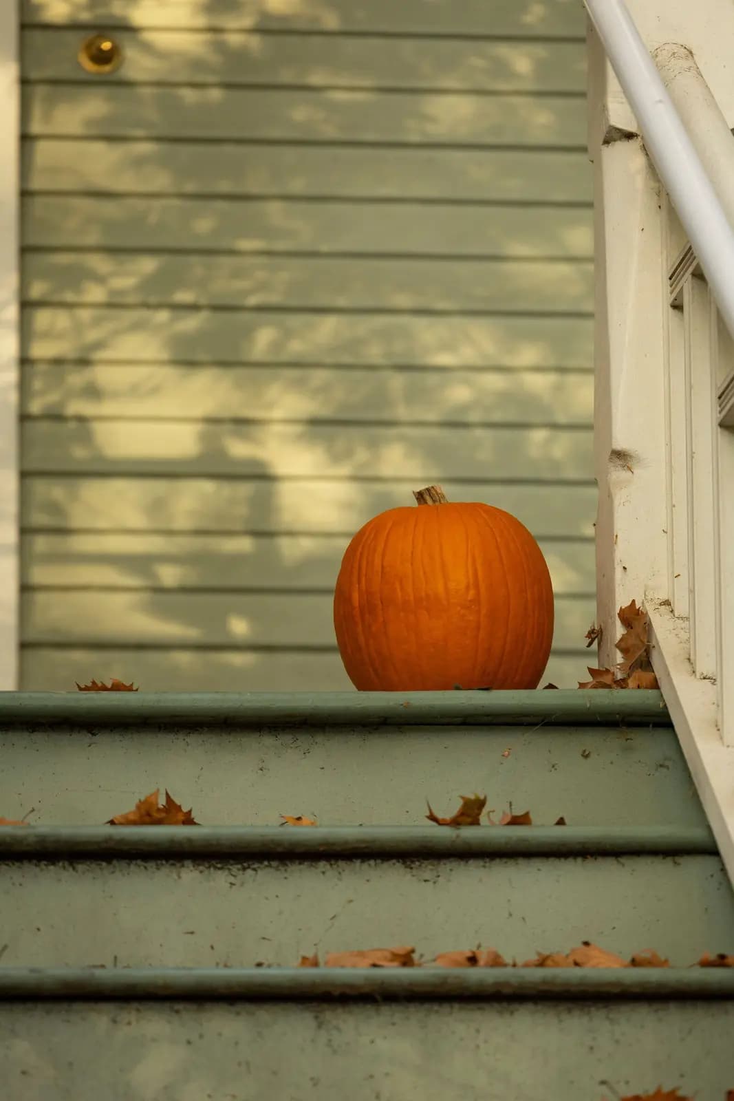 A pumpkin on a front porch step.