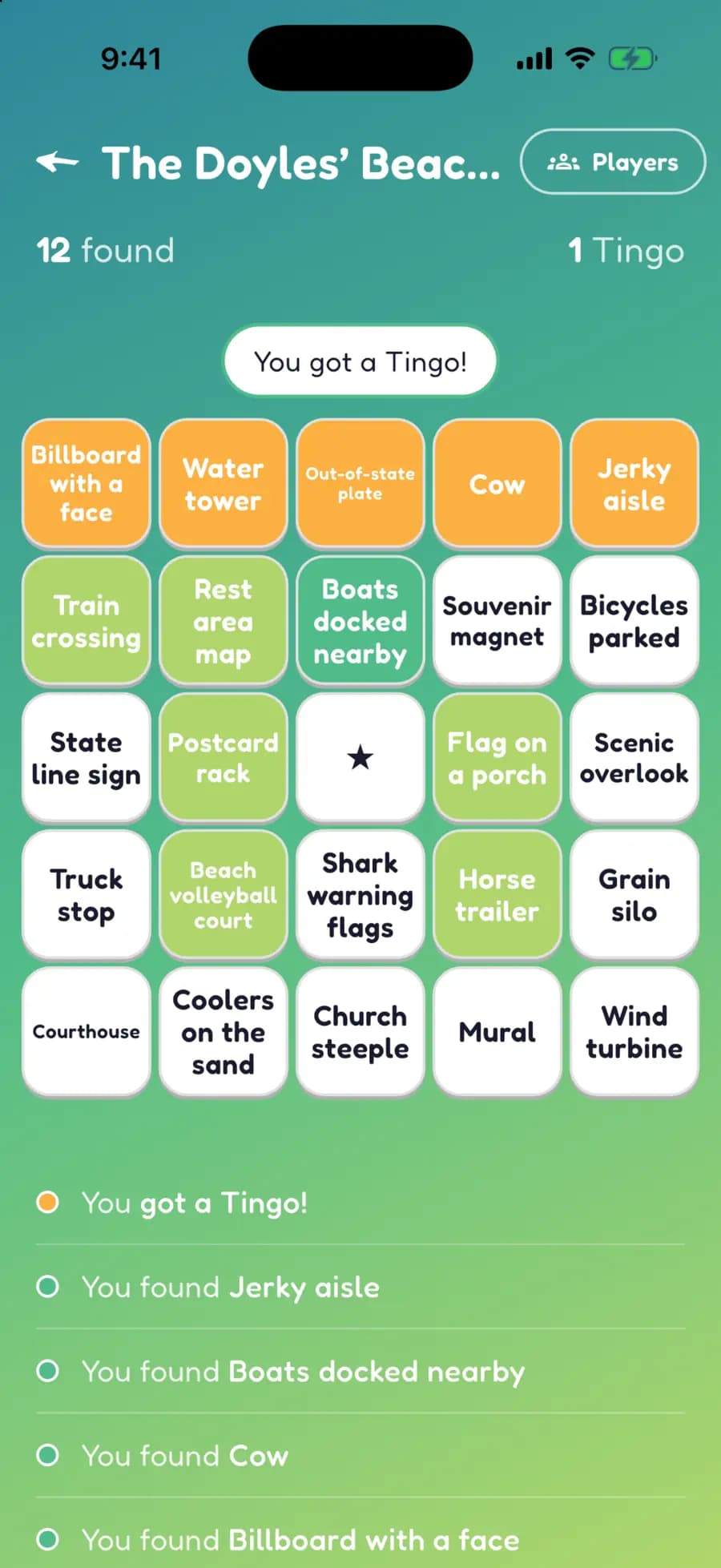 A Let's Tingo board on a phone with road trip finds marked, one row highlighted as a completed Tingo.