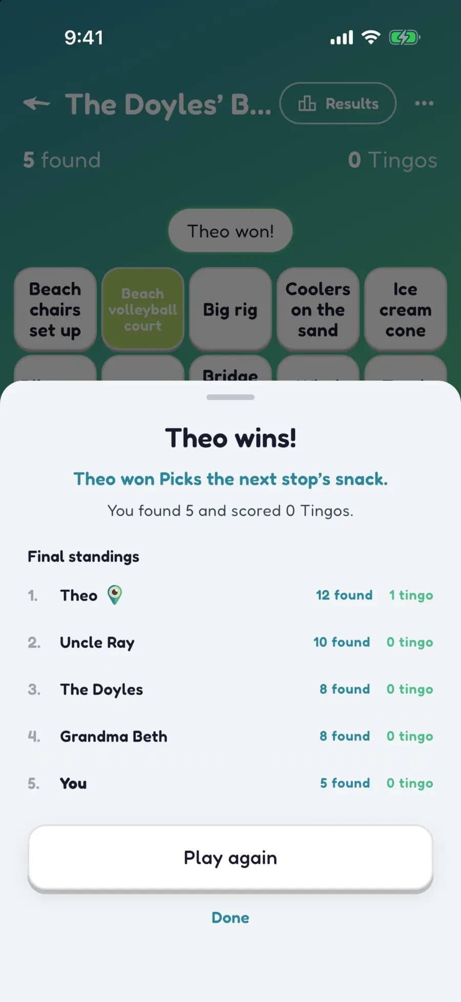Let's Tingo's results screen announcing the winner of a road trip game and their prize.