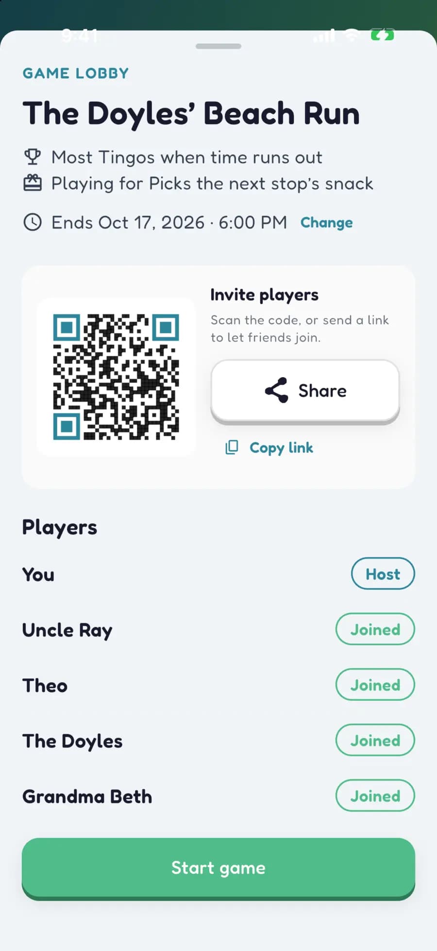 A road trip game lobby showing a QR code to join and the players who are in.