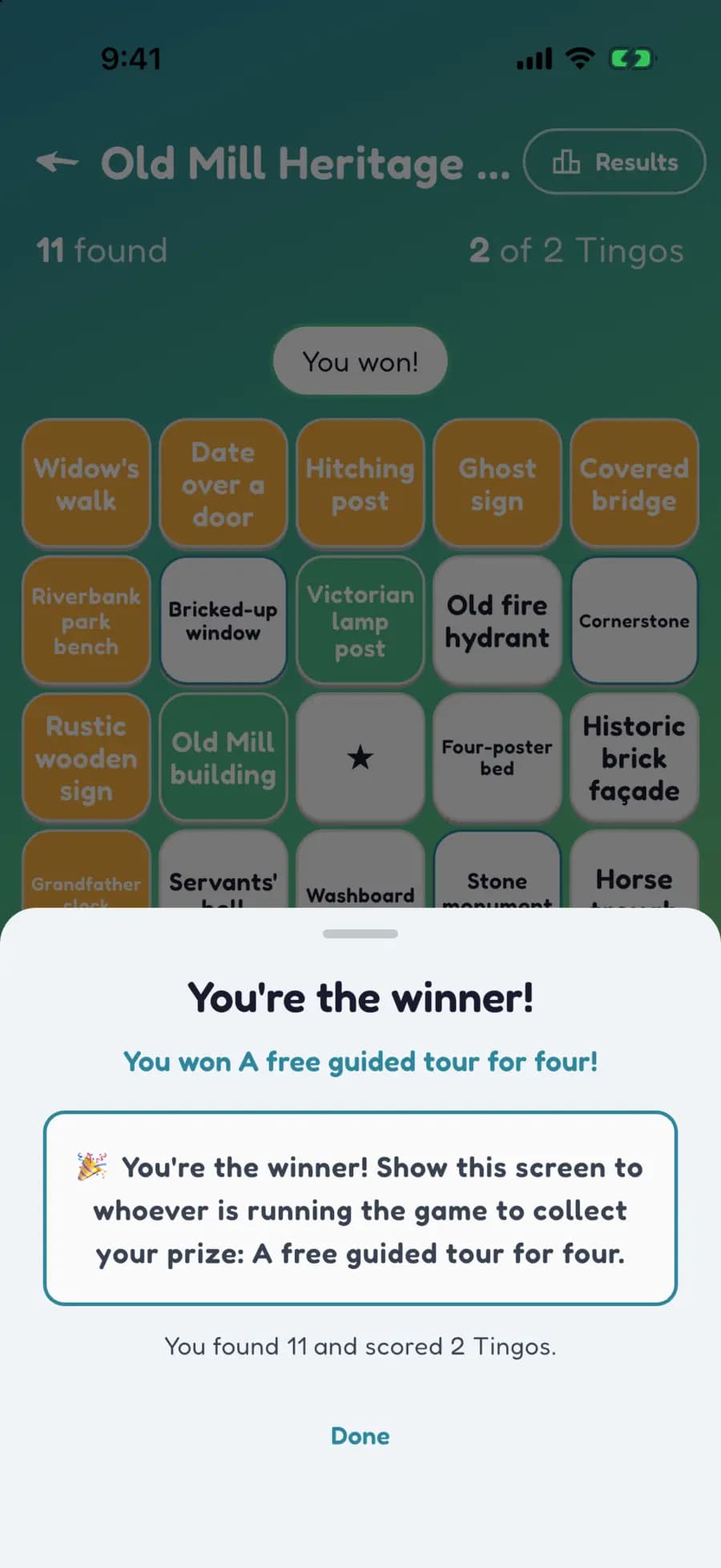 Let's Tingo's results screen announcing the winner of a walking tour game and their prize.