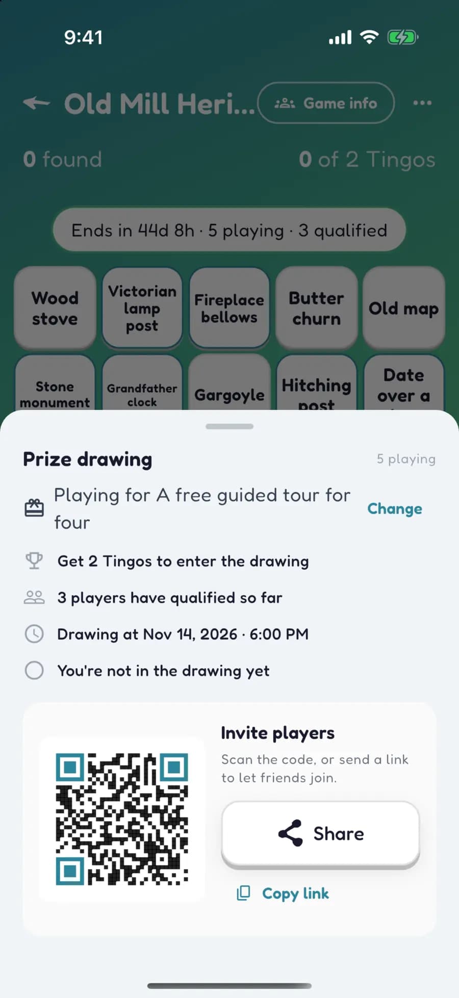 A Let's Tingo prize drawing sheet for a walking tour game, with a QR code to invite players.