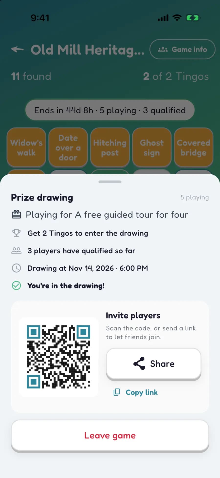 A sponsored Let's Tingo game showing how many visitors are playing and how many have qualified for the prize drawing.