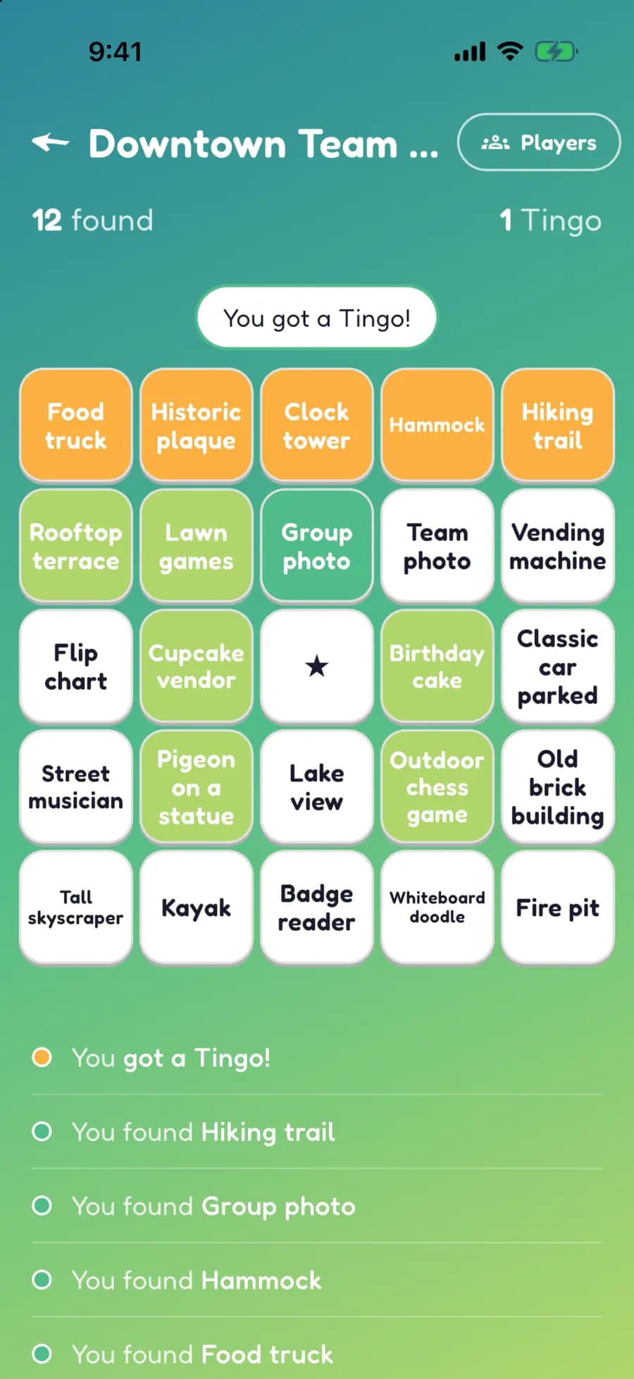 A Let's Tingo board on a phone with team day finds marked, one row highlighted as a completed Tingo.