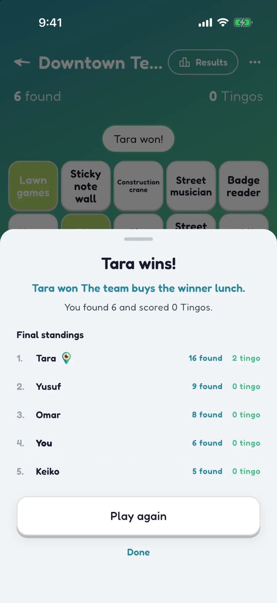 Let's Tingo's results screen announcing the winner of a team game and their prize.