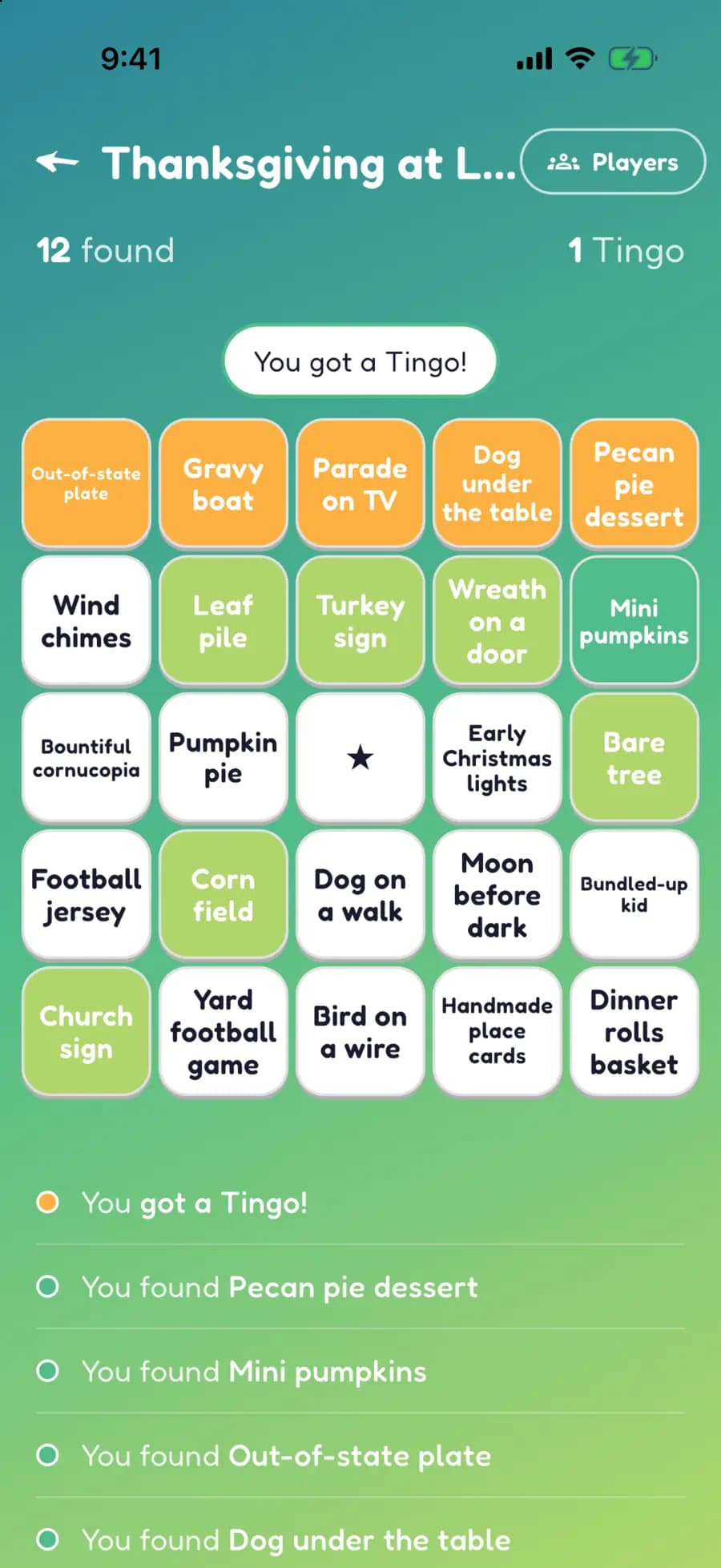 A Let's Tingo board on a phone with Thanksgiving finds marked, one row highlighted as a completed Tingo.
