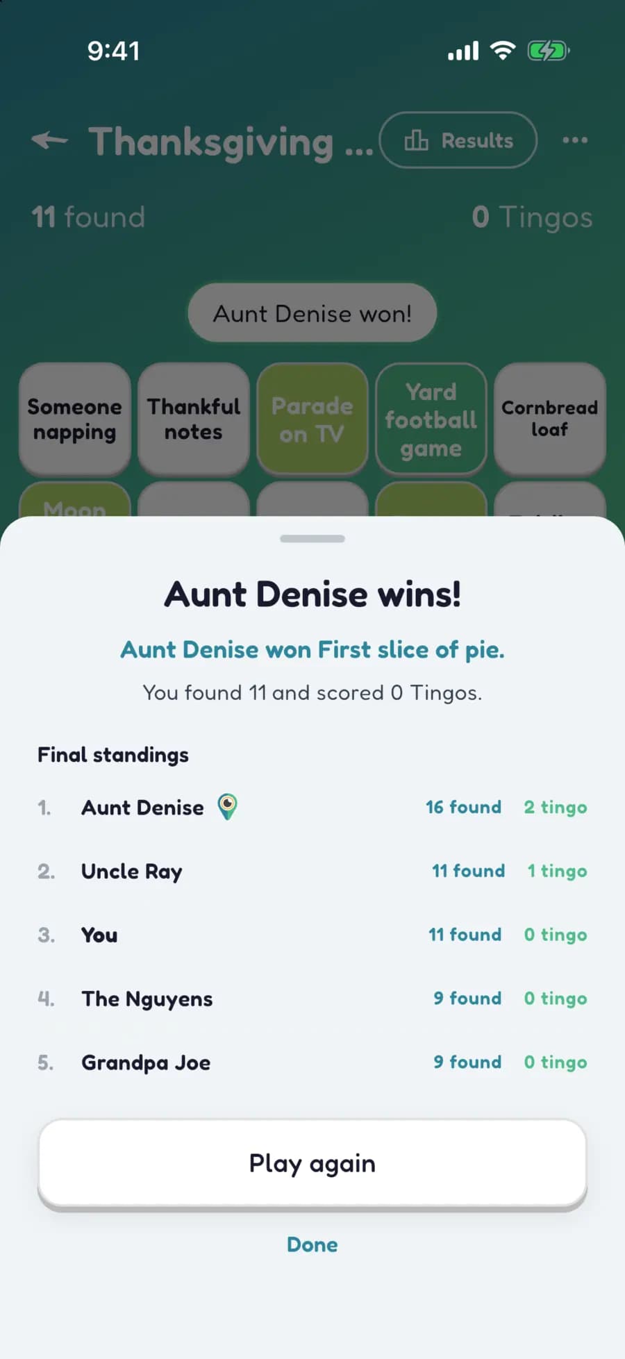 Let's Tingo's results screen announcing the winner of a Thanksgiving game and their prize.
