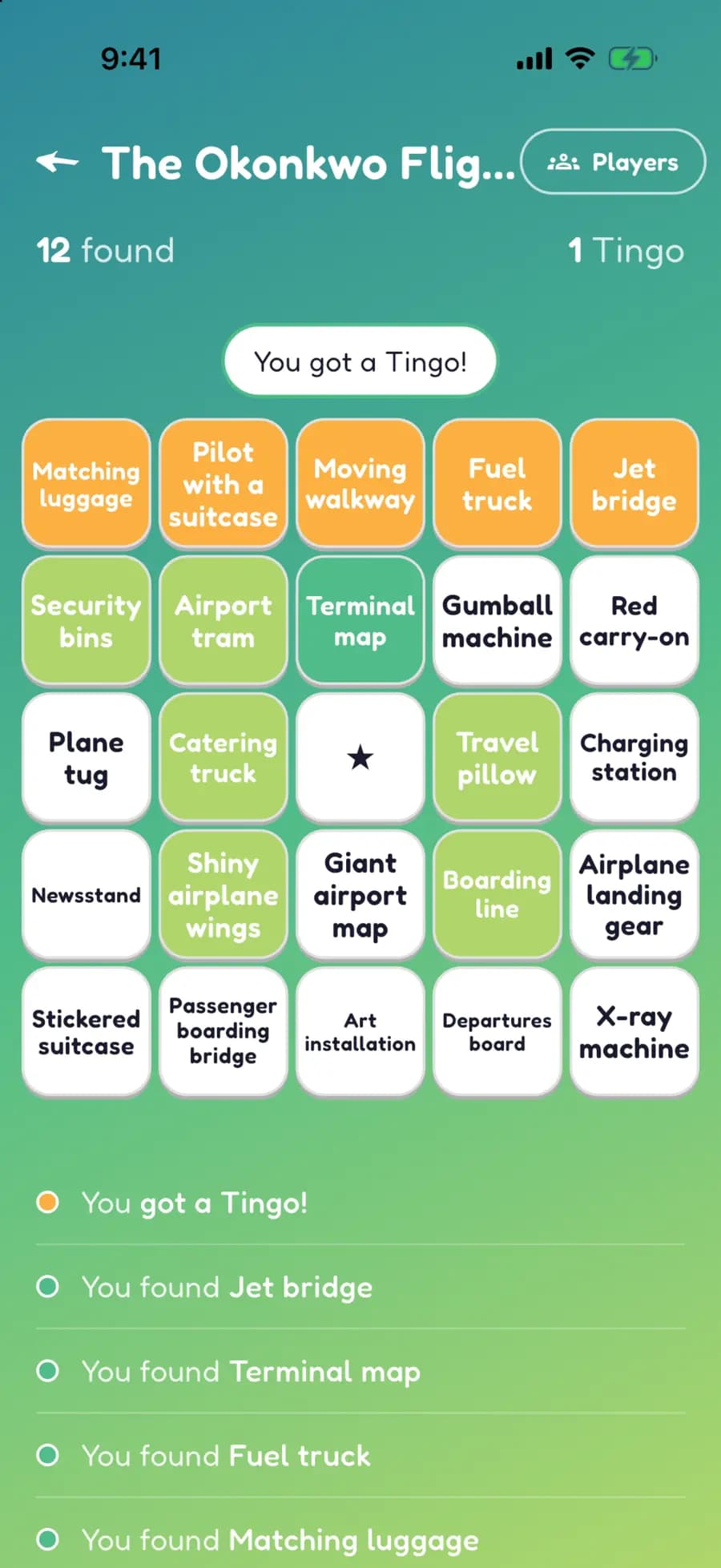 A Let's Tingo board on a phone with airport finds marked, one row highlighted as a completed Tingo.