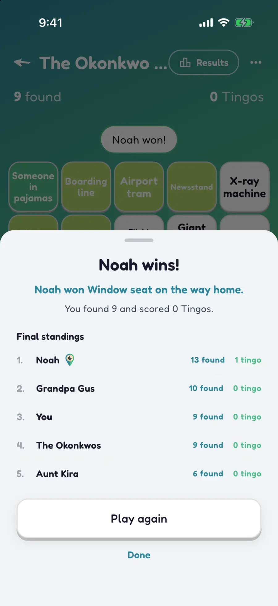 Let's Tingo's results screen announcing the winner of a travel game and their prize.