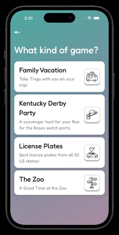 A grid of Tingo game types, each styled to a different theme.
