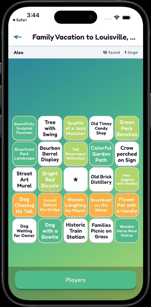 A Tingo board mid-game in a Family Vacation to Louisville game, with 10 finds found, cells marked by you and others, and a completed tingo row in amber.