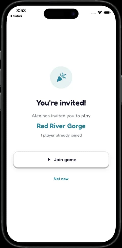 An invitation screen in Tingo: 'You're invited! Alex has invited you to play Red River Gorge' with a Join game button.